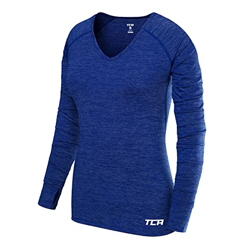 TCA Damen Elle Langarm V-Ausschnitt Laufshirt, Sportshirt und Trainingsshirt - Blau, S von TCA