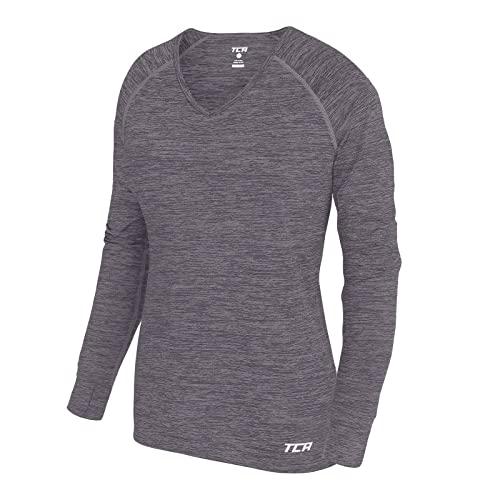 TCA Damen Elle Langarm V-Ausschnitt Laufshirt, Sportshirt und Trainingsshirt - Hellgrau, L von TCA