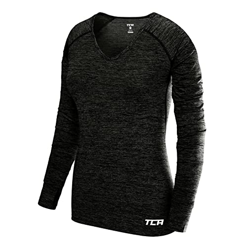 TCA Damen Elle Langarm V-Ausschnitt Laufshirt, Sportshirt und Trainingsshirt - Schwarz, L von TCA