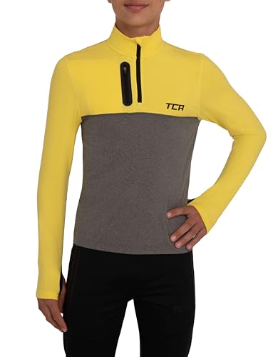 TCA Funktionsshirt Jungen Langarm - Fusion Pro Quickdry Langarmshirt atmungsaktiv - Wandershirt Laufshirt mit Reißverschluss - Outdoor Longsleeve Sport Pullover - Grau/Gelb, 6-8 Jahre von TCA