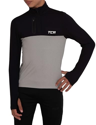 TCA Funktionsshirt Jungen Langarm - Fusion Pro Quickdry Langarmshirt atmungsaktiv - Wandershirt Laufshirt mit Reißverschluss - Outdoor Longsleeve Sport Pullover - Grau/Schwarz, 8-10 Jahre von TCA