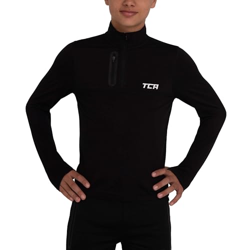 TCA Funktionsshirt Jungen Langarm - Fusion Pro Quickdry Langarmshirt atmungsaktiv - Wandershirt Laufshirt mit Reißverschluss - Outdoor Longsleeve Sport Pullover - Schwarz/Schwarz, 10-12 Jahre von TCA