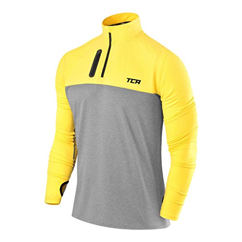 TCA Herren Fusion Pro Quickdry Langarm Lauf Shirt mit Halbem Reißverschluss - Dunkelgrau/Gelb, L von TCA