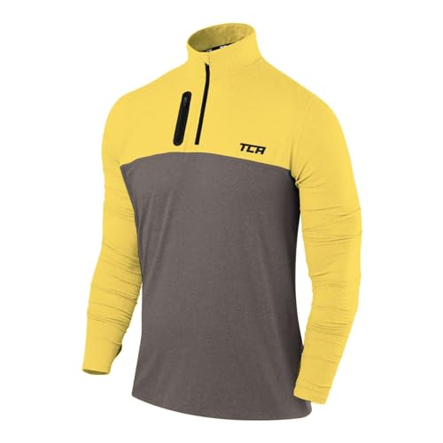 TCA Funktionsshirt Herren Langarm - Fusion Pro Quickdry Langarmshirt atmungsaktiv - Wandershirt Laufshirt mit Reißverschluss - Outdoor Longsleeve Sport Pullover - Dunkelgrau/Gelb, M von TCA