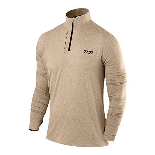 TCA Herren Fusion Pro Quickdry Langarm Lauf Shirt mit Halbem Reißverschluss - Beige, L von TCA