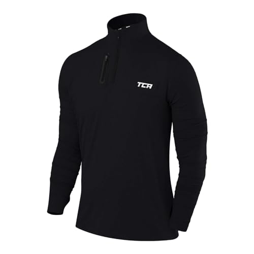 TCA Herren Fusion Pro Quickdry Langarm Lauf Shirt mit Halbem Reißverschluss - Schwarz/Schwarz, L von TCA