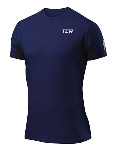TCA Sportshirt Herren Kurzarm - Atomic Quickdry Funktions T-Shirt - Sport Tshirts Herren Fitness - Traningsshirt atmungsaktiv - Laufshirt Männer kurz - Fahrradshirts - Dunkelblau(UPF 50+), XXL von TCA