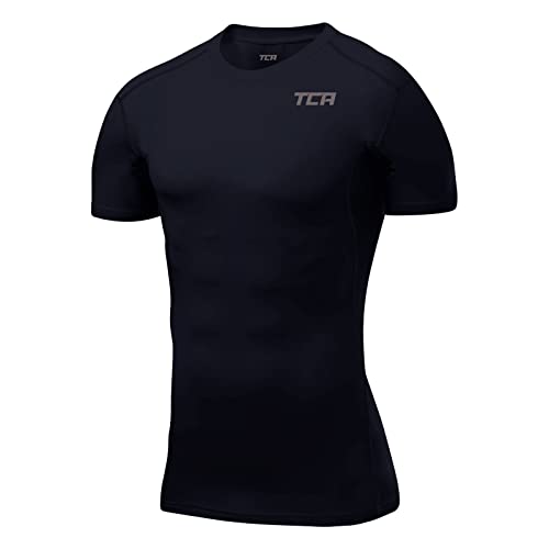 TCA Herren HyperFusion, schnelltrocknendes Sportshirt, kurzärmliges und elastisches Funktionsshirt mit Passform Kompression - Dunkelblau, S von TCA