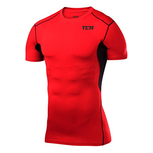 TCA Herren HyperFusion, schnelltrocknendes Sportshirt, kurzärmliges und elastisches Funktionsshirt mit Passform Kompression - Rot/Schwarz, M von TCA