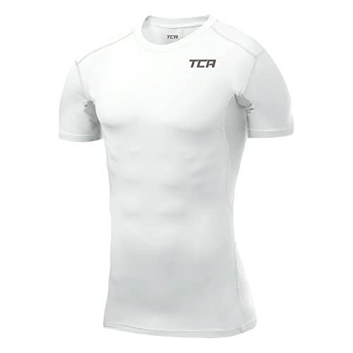 TCA Herren HyperFusion, schnelltrocknendes Sportshirt, kurzärmliges und elastisches Funktionsshirt mit Passform Kompression - Weiss, L von TCA