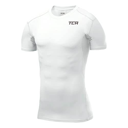 TCA Herren HyperFusion, schnelltrocknendes Sportshirt, kurzärmliges und elastisches Funktionsshirt mit Passform Kompression - Weiss, S von TCA