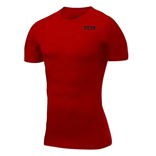 TCA Herren HyperFusion, schnelltrocknendes Sportshirt, kurzärmliges und elastisches Funktionsshirt mit Passform Kompression - Rot, XL von TCA