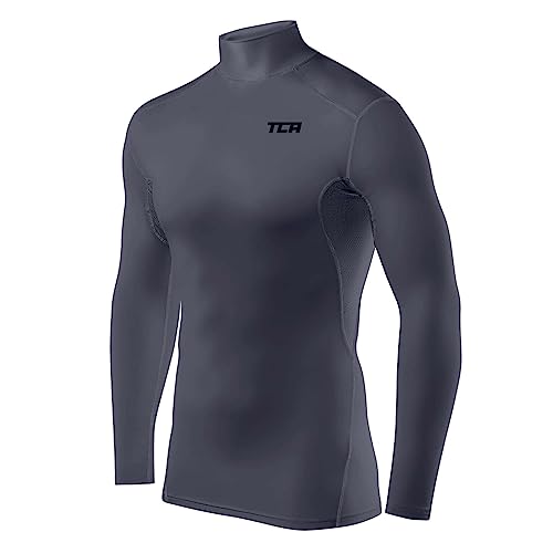 TCA Herren HyperFusion Kompressionsshirt Atmungsaktiv Langarm Funktionsshirts Schnell Trocknend Sportshirt Laufshirt - Mock Neck - Dunkelgrau, M von TCA