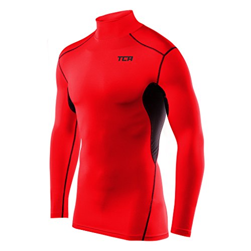 TCA Herren HyperFusion Kompressionsshirt Atmungsaktiv Langarm Funktionsshirts Schnell Trocknend Sportshirt Laufshirt - Mock Neck - Rot/Schwarz, S von TCA