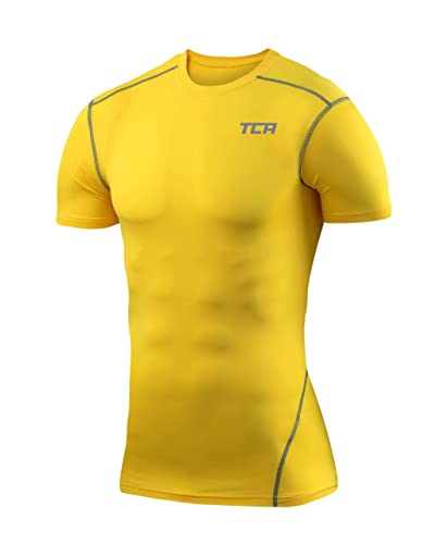 TCA Herren Pro Performance Shirt, Thermo, schnelltrocknendes Sportshirt, kurzärmliges und elastisches Funktionsshirt mit Passform Kompression - Gelb, XL von TCA