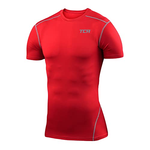 TCA Herren Pro Performance Shirt, Thermo, schnelltrocknendes Sportshirt, kurzärmliges und elastisches Funktionsshirt mit Passform Kompression - Rot, XL von TCA