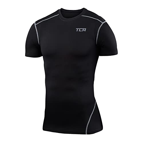 TCA Herren Pro Performance Shirt, Thermo, schnelltrocknendes Sportshirt, kurzärmliges und elastisches Funktionsshirt mit Passform Kompression - Schwarz (Alt), L von TCA