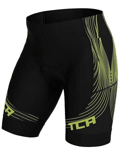 TCA Herren Slipstream gepolsterte Radhose, schnelltrocknend, rutschfest mit rückseitiger Reißverschlusstasche Herren Radhose - Ideale Radhose Herren Radshorts Radbekleidung - Schwarz/Gelb, L von TCA