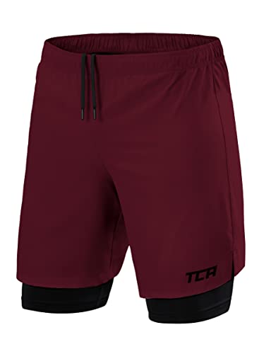 TCA Ultra Laufhose Herren 2 in 1 Kurze Sporthose Trainingsshorts Laufshorts mit integrierter Kompressionshose und Reißverschlussfach - Rot/Schwarz (Reißverschlusstasche), L von TCA