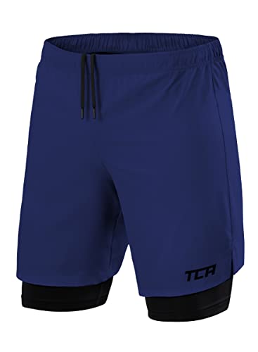 TCA Ultra Sporthose Herren kurz 2 in 1 mit Tasche - Kurze Sport Shorts Trainingshose mit Taschen - Laufhose mit Kompressions Innenhose und Reißverschluss Handytasche - Blau/Schwarz, M von TCA