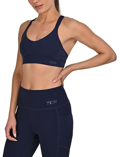 TCA Sport BH für Damen mittlerer bis starker Halt - Sport Bra Damen mit herausnehmbaren Polstern - Sport-BH mit verstellbaren Komfort-Trägern und nahtlosem Racerback-Design - Dunkelblau, L von TCA