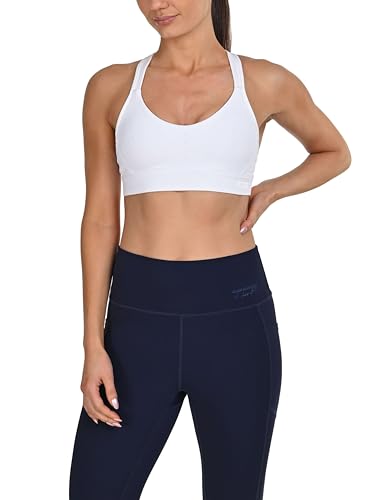 TCA Sport BH für Damen mittlerer bis starker Halt - Sport Bra Damen mit herausnehmbaren Polstern - Sport-BH mit verstellbaren Komfort-Trägern und nahtlosem Racerback-Design - Weiss, M von TCA