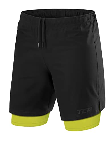 TCA Ultra Laufhose Herren 2 in 1 Kurze Sporthose Trainingsshorts Laufshorts mit integrierter Kompressionshose und Reißverschlussfach - Schwarz/Grün (Reißverschlusstasche), S von TCA