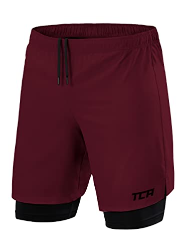 TCA Ultra Laufhose Herren 2 in 1 Kurze Sporthose Trainingsshorts Laufshorts mit integrierter Kompressionshose und Reißverschlussfach - Rot/Schwarz (Reißverschlusstasche), S von TCA