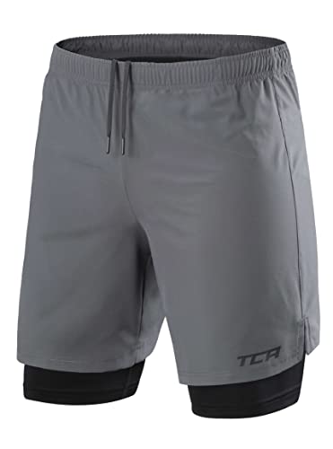 TCA Ultra Laufhose Herren 2 in 1 Kurze Sporthose Trainingsshorts Laufshorts mit integrierter Kompressionshose und Reißverschlussfach - Grau (Reißverschlusstasche), L von TCA