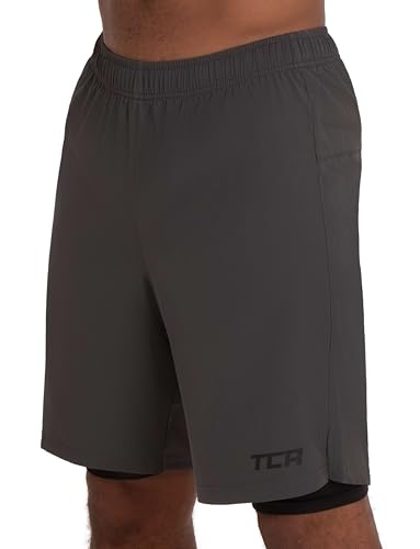 TCA Ultra Sporthose Herren kurz 2 in 1 mit Tasche - Kurze Sport Shorts Trainingshose mit Taschen - Laufhose mit Kompressions Innenhose und Reißverschluss Handytasche - Grau, L von TCA