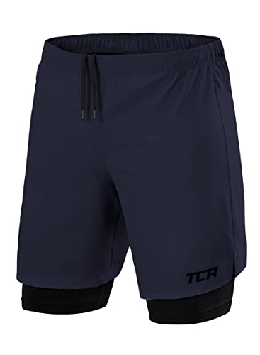 TCA Ultra Laufhose Herren 2 in 1 Kurze Sporthose Trainingsshorts Laufshorts mit integrierter Kompressionshose und Reißverschlussfach - Dunkelblau/Schwarz (Reißverschlusstasche), S von TCA