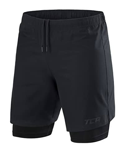 TCA Ultra Laufhose Herren 2 in 1 Kurze Sporthose Trainingsshorts Laufshorts mit integrierter Kompressionshose und Reißverschlussfach - Schwarz (Reißverschlusstasche), L von TCA