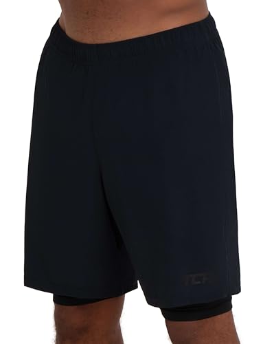 TCA Ultra Sporthose Herren kurz 2 in 1 mit Tasche - Kurze Sport Shorts Trainingshose mit Taschen - Laufhose mit Kompressions Innenhose und Reißverschluss Handytasche - Schwarz, L von TCA