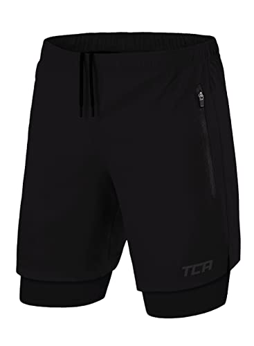 TCA Ultra Laufhose Herren 2 in 1 Kurze Sporthose Trainingsshorts Laufshorts mit integrierter Kompressionshose und Reißverschlussfach - Schwarz (2X reißverschlusstasche), L von TCA