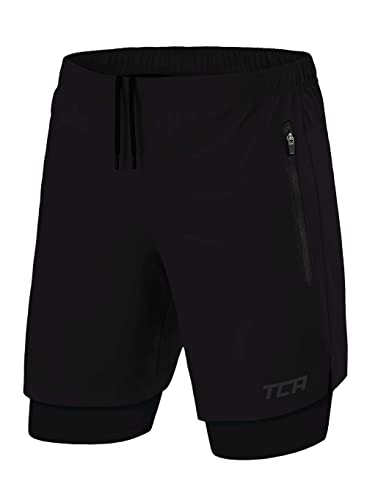 TCA Ultra Laufhose Herren 2 in 1 Kurze Sporthose Trainingsshorts Laufshorts mit integrierter Kompressionshose und Reißverschlussfach - Schwarz (2X reißverschlusstasche), XL von TCA