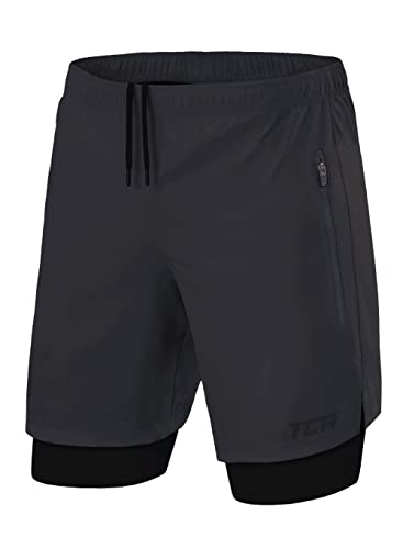 TCA Ultra Laufhose Herren 2 in 1 Kurze Sporthose Trainingsshorts Laufshorts mit integrierter Kompressionshose und Reißverschlussfach - Grau (2X reißverschlusstasche), XL von TCA