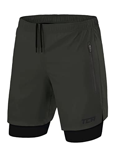 TCA Ultra Laufhose Herren 2 in 1 Kurze Sporthose Trainingsshorts Laufshorts mit integrierter Kompressionshose und Reißverschlussfach - Grün (2X reißverschlusstasche), L von TCA