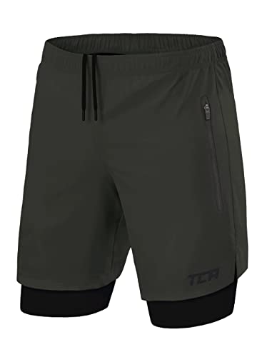 TCA Ultra Laufhose Herren 2 in 1 Kurze Sporthose Trainingsshorts Laufshorts mit integrierter Kompressionshose und Reißverschlussfach - Grün (2X reißverschlusstasche), M von TCA