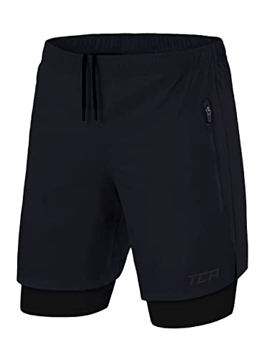 TCA Ultra Laufhose Herren 2 in 1 Kurze Sporthose Trainingsshorts Laufshorts mit integrierter Kompressionshose und Reißverschlussfach - Dunkelblau/Schwarz (2X reißverschlusstasche), XXL von TCA