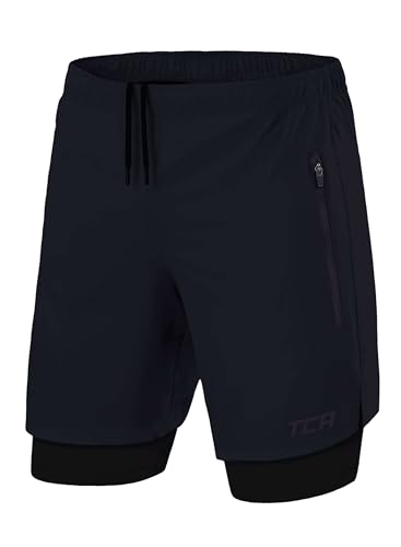 TCA Ultra Laufhose Herren 2 in 1 Kurze Sporthose Trainingsshorts Laufshorts mit integrierter Kompressionshose und Reißverschlussfach - Dunkelblau/Schwarz (2X reißverschlusstasche), M von TCA