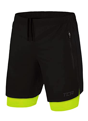 TCA Ultra Laufhose Herren 2 in 1 Kurze Sporthose Trainingsshorts Laufshorts mit integrierter Kompressionshose und Reißverschlussfach - Schwarz/Grün (2X Reißverschlusstasche), L von TCA