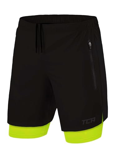 TCA Ultra Laufhose Herren 2 in 1 Kurze Sporthose Trainingsshorts Laufshorts mit integrierter Kompressionshose und Reißverschlussfach - Schwarz/Grün (2X Reißverschlusstasche), S von TCA