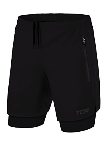 TCA Ultra Laufhose Herren 2 in 1 Kurze Sporthose Trainingsshorts Laufshorts mit integrierter Kompressionshose und Reißverschlussfach - Schwarz (2X reißverschlusstasche), S von TCA