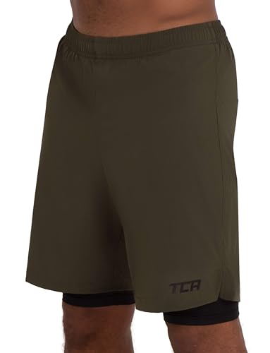 TCA Ultra Sporthose Herren kurz 2 in 1 mit Tasche - Kurze Sport Shorts Trainingshose mit Taschen - Laufhose mit Kompressions Innenhose und Reißverschluss Handytasche - Grün, XL von TCA