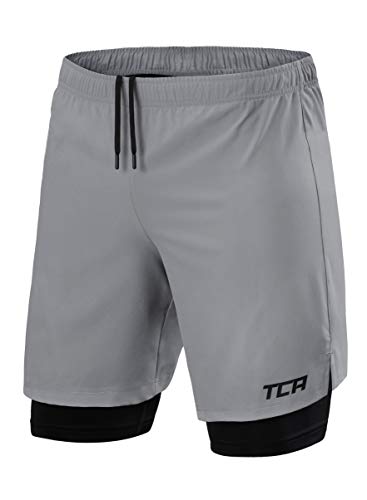 TCA Ultra Sporthose Herren kurz 2 in 1 mit Tasche - Kurze Sport Shorts Trainingshose mit Taschen - Laufhose mit Kompressions Innenhose und Reißverschluss Handytasche - Hellgrau, XXL von TCA