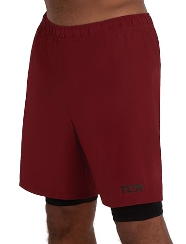 TCA Ultra Sporthose Herren kurz 2 in 1 mit Tasche - Kurze Sport Shorts Trainingshose mit Taschen - Laufhose mit Kompressions Innenhose und Reißverschluss Handytasche - Rot/Schwarz, XL von TCA