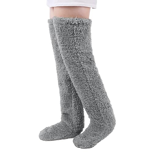 Haussocke Winter Unisex Hu?ttensocke Knielang Plüsch Kniestrümpfe Warm Flauschig Beinwärmer mit Fußöffnung Beinschützer mit Gummizug Kniewärmer Winddicht Thermosocke Schlafsocke Haus Dunkelgrau von TCNGKIJIUK