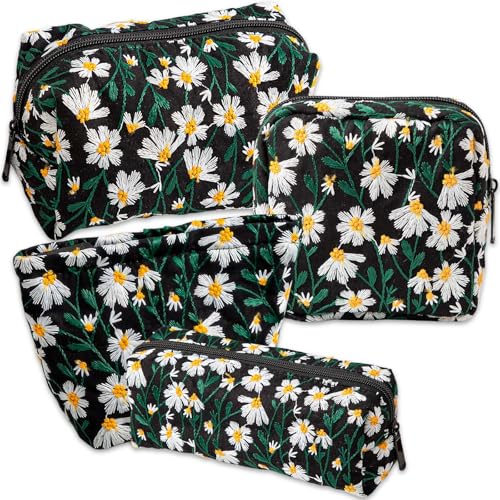 Damen Kosmetiktasche Set mit Gänseblümchen-Design - (4 Größen, 4 Modelle) – Nachhaltig & Waschbar Baumwolle Kosmetiktasche klein– Make-up Organizer für Reise, Wochenende und Alltag (Schwarz) von TCRZHHRX