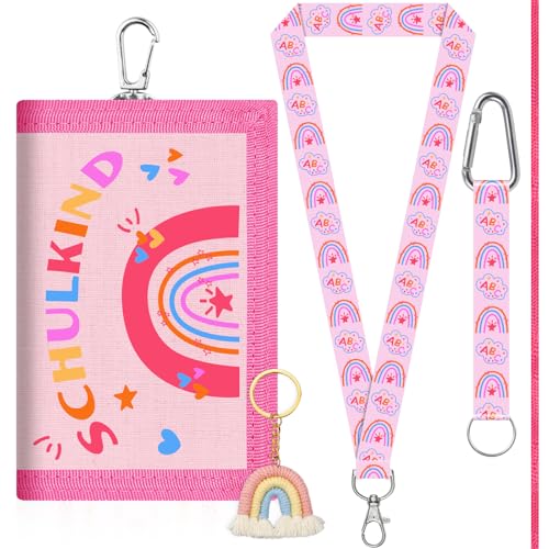 Einschulung Geschenk- Schulkinder-Brustbeutel mit Regenbogen-Schlüsselring + 3 Schlüsselbändern, Diebstahlschutz-Mini-Geldbörse für Mädchen/Jungen, für Reise, Klassenfahrten & Schultüte (Rosa) von TCRZHHRX