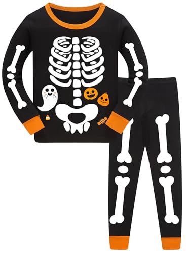 TCWWBB Kinder Halloween Schlafanzug Langarm Zweiteilig Pyjama Set Kürbis Skelett Baumwolle Winter Schlafanzüge Nachtwäsche Größe 2-8 Jahre 98 104 110 116 122 128 von TCWWBB